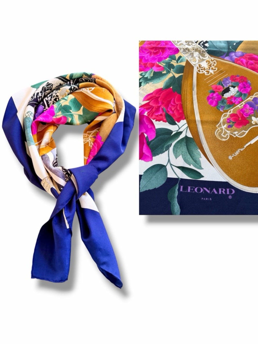 LEONARD Paris 100% Silk Scarf Baroque Arrangement Stringed Instrument Peony Navy